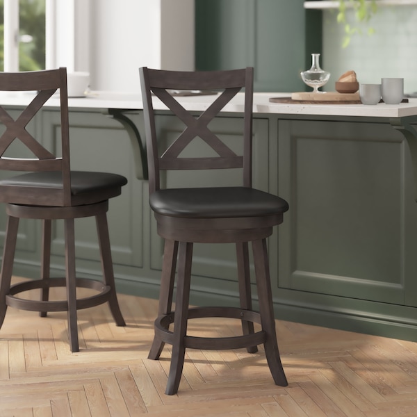 Flash Furniture Felicity Wood Crossback Swivel Counter Hght Barstool w/Padded Blk LeatherSoft Seat, Gry Wsh Walnut ES-UN1-24-GY-GG - main